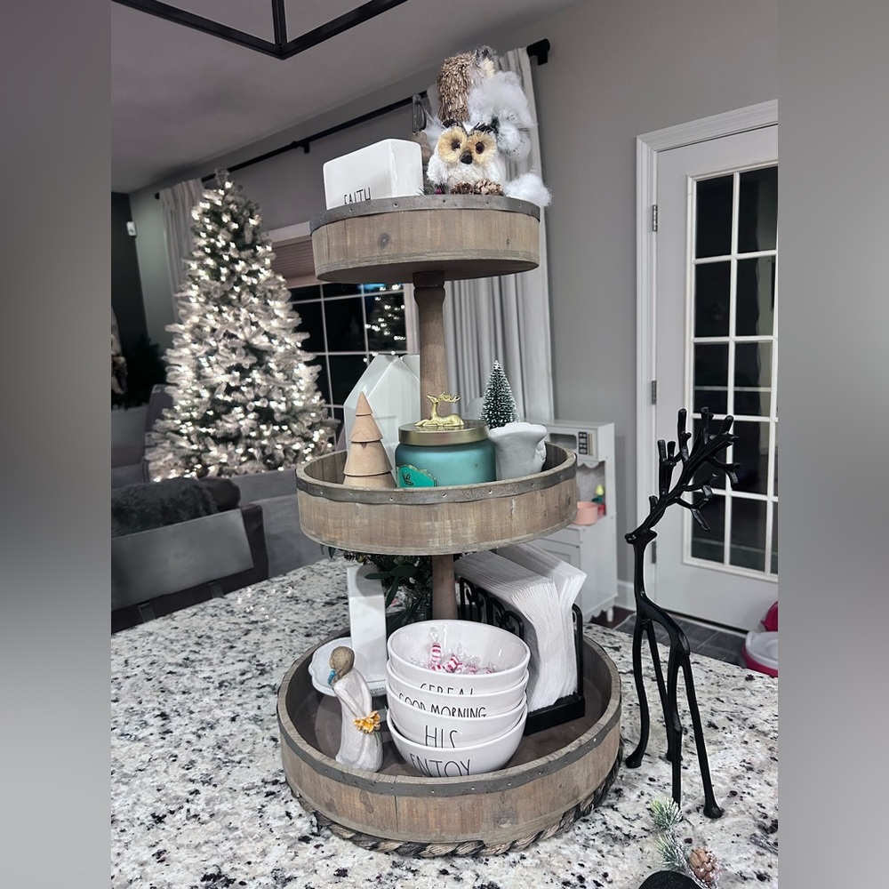 Modern farmhouse wooden stand tray with metal rustic trim